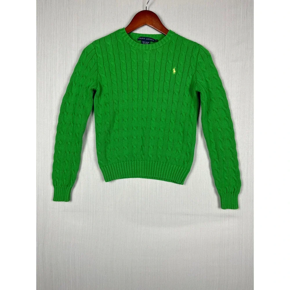 Ralph Lauren Womens S Green Cable Knit Cotton Pony Logo Preppy Classic Old Money - Picture 2 of 8